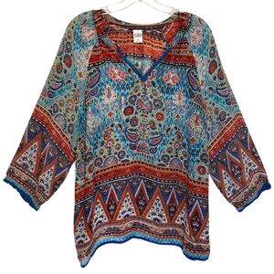 Bila Boho Semi-Sheer Multicolor Peasant Tunic 3/4 Sleeves - Extra Large